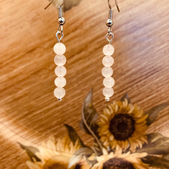 Handmade rose quartz dangle earrings 1” gemstone drop earrings - Picture 4 of 7